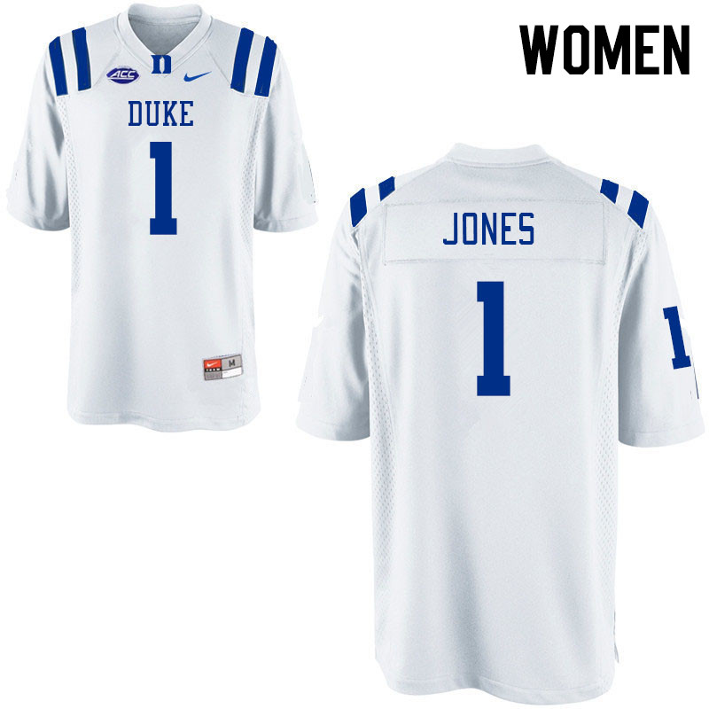 Women #1 Myles Jones Duke Blue Devils College Football Jerseys Stitched-White - Click Image to Close